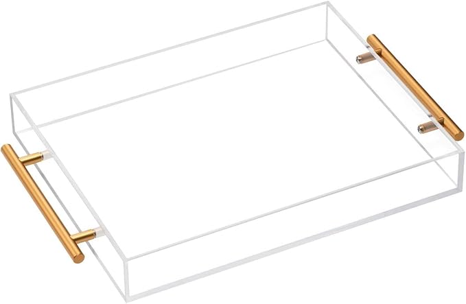 Acrylic Tray 20x12 with Golden Metal Handles - Spill Proof Decorative Tray is an Ideal Countertop Organizer for Living Rooms, Ottoman Coffee Tables, Offices, Kitchens & Serving Guests