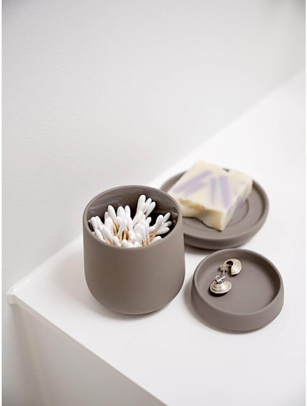 Zone Denmark Nova One Ceramic Storage Box with Lid for Bathroom Utensils such as Cotton Pads & Cotton Buds Diameter 3.3", Height 3.39", Capacity 290 ml, Matcha Green