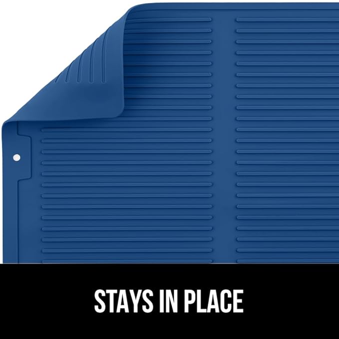 GORILLA GRIP 100% BPA-Free Patented Silicone Dish Drying Mat for Kitchen Counter, Water Catching Ribbed Design, Easy Clean Waterproof Sink Liner, Heat Resistant, Fits Under Rack, 12x16 Inch, Blue