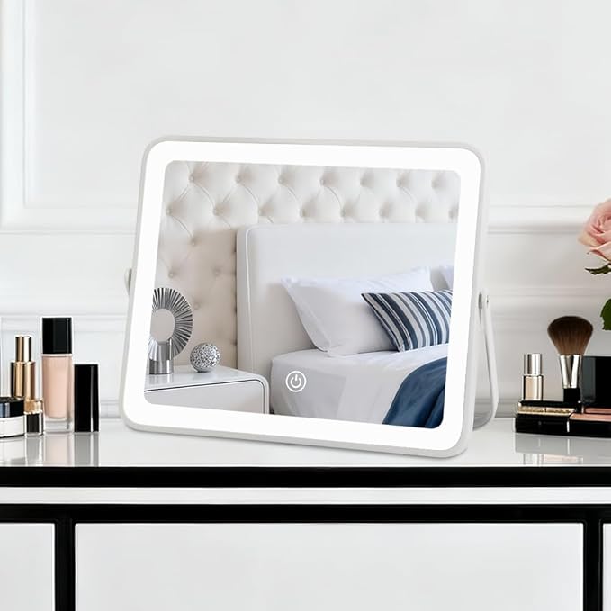 YEKKOPT Portable Desk Vanity Mirror with Lights,10"×12" Small Rechargeable Makeup Mirror with Lights,Smart Touch Screen with 3-Color Lighting,Dimmable,for Dorm Tabletop,Bedroom,Decor