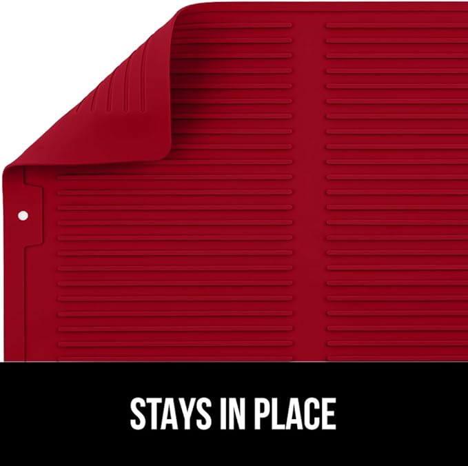 GORILLA GRIP 100% BPA-Free Patented Silicone Dish Drying Mat for Kitchen Counter, Water Catching Ribbed Design, Easy Clean Waterproof Sink Liner, Heat Resistant, Fits Under Rack, 12x16 Inch, Red