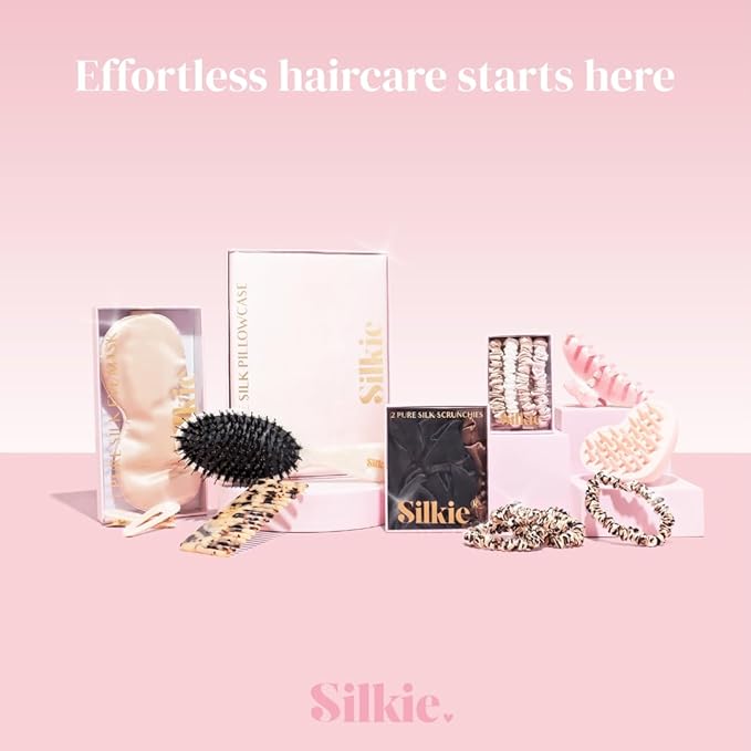 SILKIE x4 Set 100% Pure Mulberry Silk Black Brown Chocolate Pink Nude Neutral Skinny Scrunchies Travel Pouch Everyday Hair Ties Elastics Hair Care Ponytail Holder No Damage (Champagne)