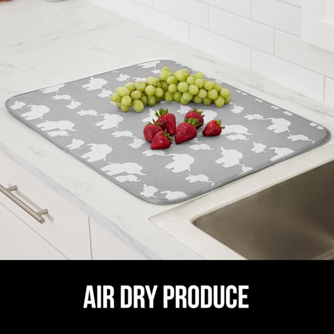 GORILLA GRIP Ultra Water Absorbent Microfiber Dish Drying Mat, 18x32, Quick Dry Thick Mesh, Slip Resistant Pad for Sink Dishes or Under Rack, Kitchen Counter Accessories, Machine Wash Mats, Elephants