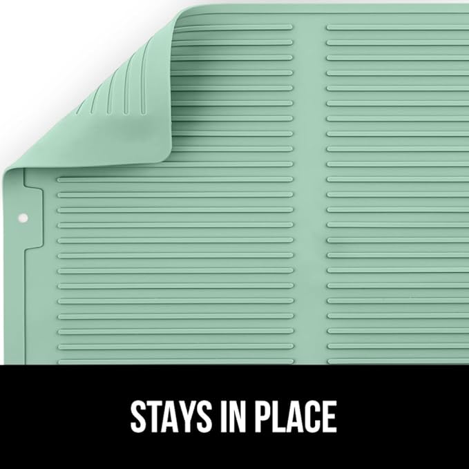 GORILLA GRIP 100% BPA-Free Patented Silicone Dish Drying Mat for Kitchen Counter, 18x16 Inch, Water Catching Ribbed Design, Easy Clean Waterproof Sink Liner, Heat Resistant, Fits Under Rack, Mint