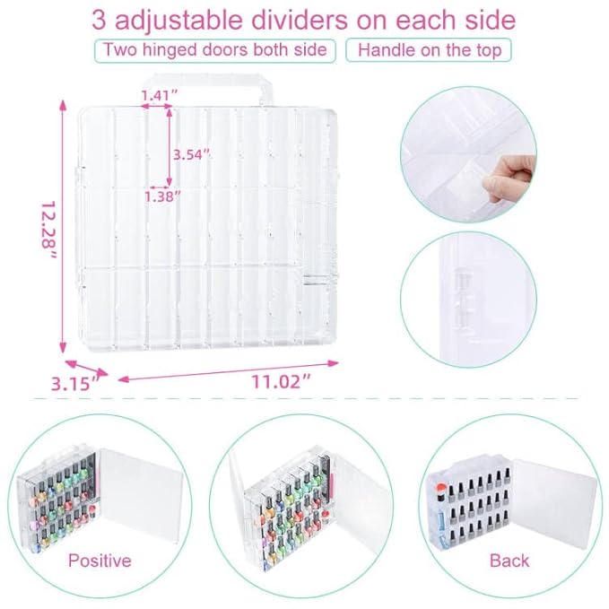 JIASHENG Nail Polish Organizer Case for 48 Bottles, Gel Nail Polish Storage Holder Double Side Adjustable Space Divider for Acrylic Nail Gel Dip Powder Tips Set with Two Toe Separator