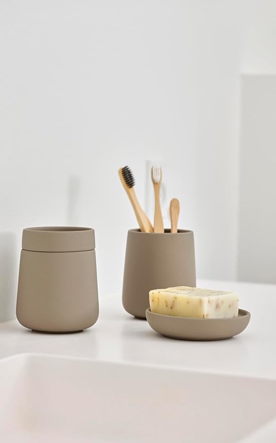 Zone Denmark Nova One Ceramic Storage Box with Lid for Bathroom Utensils Such as Cotton Pads & Cotton Buds Diameter 3.3", Height 3.39", Capacity 290 ml,Taupe
