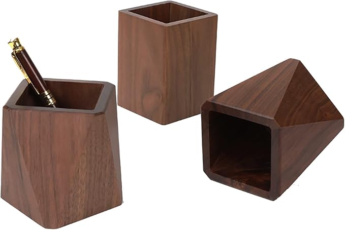 Black Walnut Wooden Pencil Box, Multiple-Use Desk Writing Stationary Organizer Wood Pen Holder Cups Office School Supplies Storage (Square Shape)
