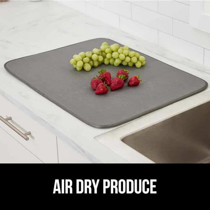 GORILLA GRIP Ultra Water Absorbent Microfiber Dish Drying Mat, 18x24, Quick Dry Thick Mesh, Slip Resistant Pad for Sink Dishes or Under Rack, Kitchen Counter Accessories, Machine Wash Mats, Gray