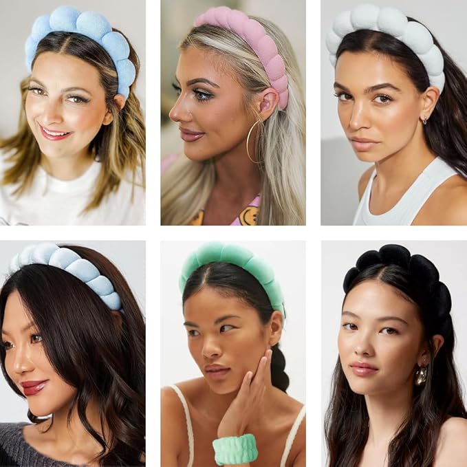Tetizo Spa Headbands for Washing Face Wristband Set Sponge Makeup Skincare Headband Wrist Towels Bubble Soft Terry Towel Cloth Hairband for Women Puffy Headwear Non Slip Thick Thin Hair Headwear