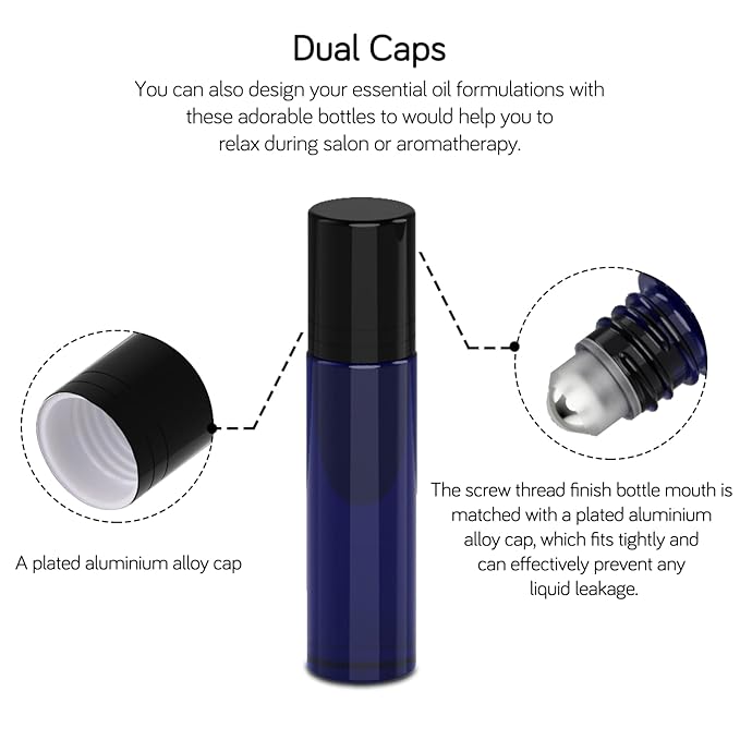 PrettyCare 10 ml 4 Pack Essential Oil Roller Bottles with Stainless Steel Roller Ball - Refillable Leak-proof Empty Thick Blue Glass Roll on Bottles with Black Caps for Travel, Perfume