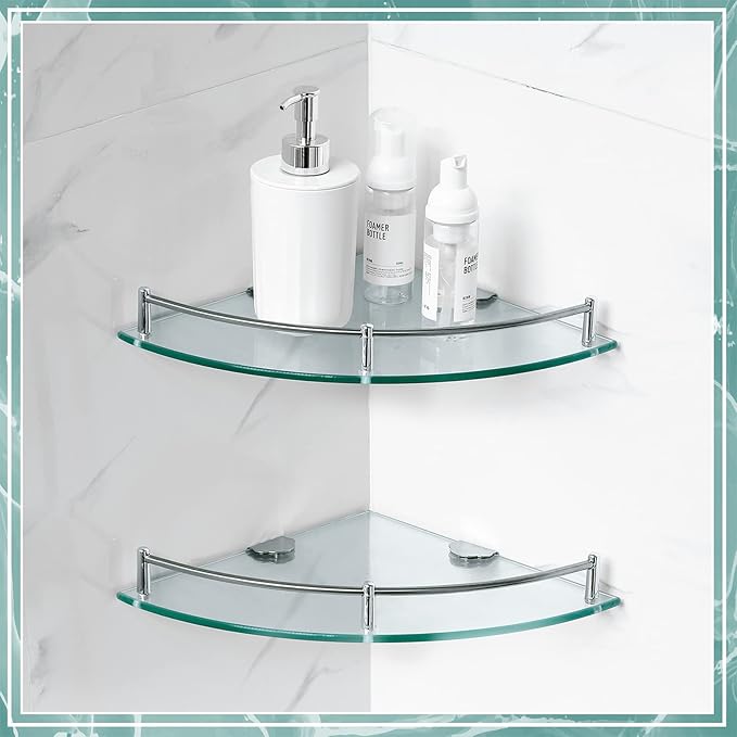Crowye 2 Pcs Corner Shower Shelf 2-tier Glass Corner Shelf Stainless Steel Wall Mounted Bathroom Organizer for Storing Shower Gel Shampoo Brush, 9.25 Inches (Silver)