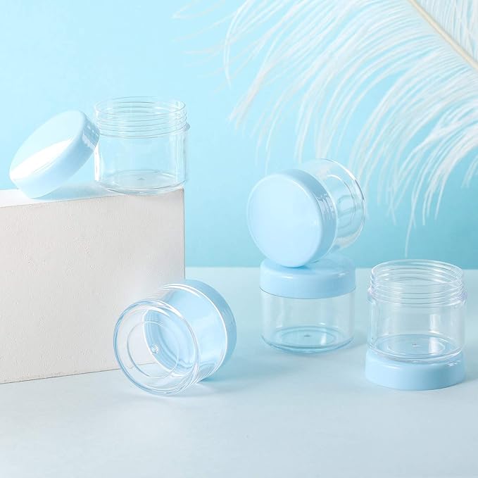 Refillable Cosmetic Sample Jars - 100 Pack 20g (0.7oz) Blue Small Travel Containers with Lids + 10 Mini Makeup Spatulas - BPA Free