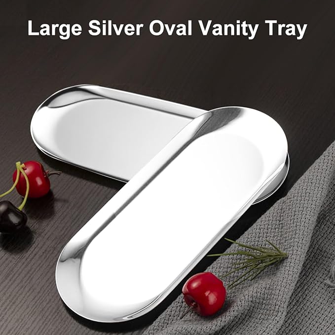 2 Pcs Modern Silver Stainless Steel Oval Decorative Trays, 8.7"L x 2.4"W x 0.4"H, Cosmetic & Jewelry Organizer, Mirror-Polished Finish, 2 Pack