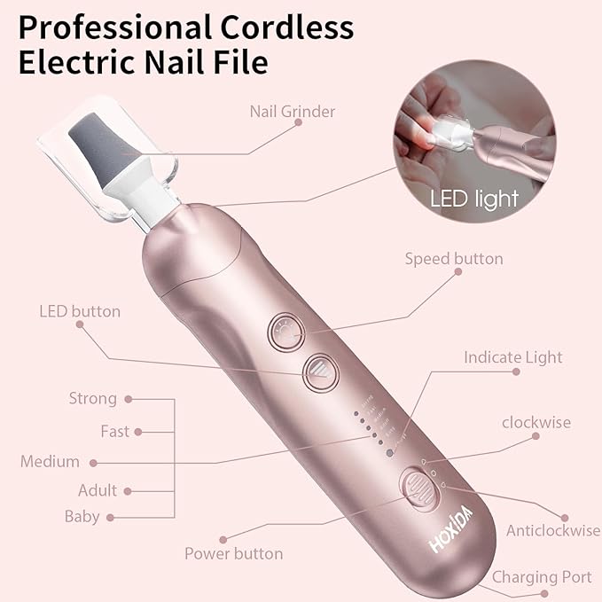 Manicure Pedicure Kit with Case, Professional Nail Grinder for Senior Thick Toenail, Cordless Electric Nail File, 5 Speeds Pedicure Tools for feet Callus Remover, Nail Drill for Women Hand Feet Care