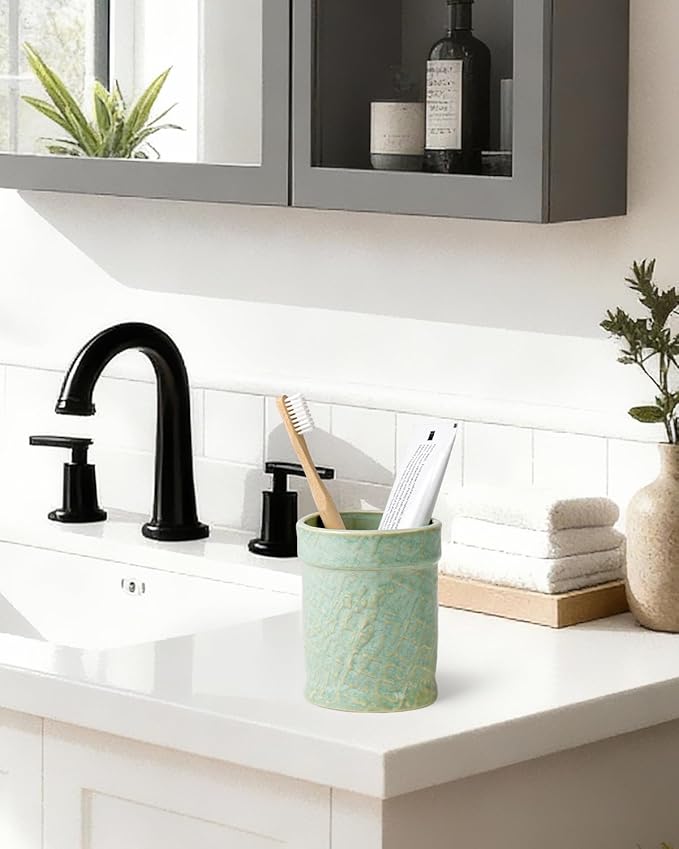 Toothbrush Holder, Tooth Brush Holder for Bathroom - Ceramic Toothbrush Cup Toothbrush Holders Countertop, Makeup Brush Holder Pen Holder, 3.54" x 3.54" x 4.33", Green, ANTIS'S HOME