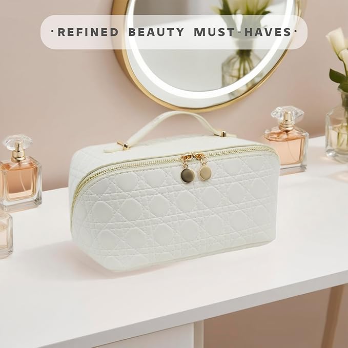 JINYIBAGS Travel Makeup Bag – Large Cosmetic Organizer with Waterproof PU Leather, Smooth Double Zipper & Tear-Resistant Lining, Toiletry Pouch for Women (White)