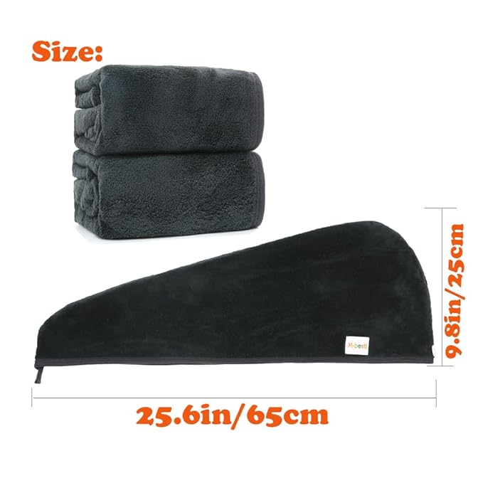 2 Pack Microfiber Hair Towel Wrap,Hair Drying Towel with Button,Absorbent and Anti-frizz Head Towel to Dry Curly or Straight Hair Quickly (Black)