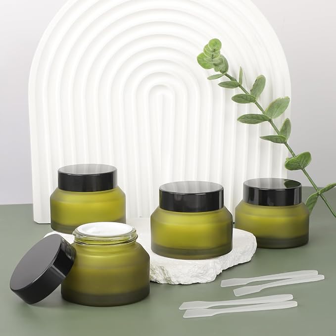 Segbeauty 1.7oz Green Frosted Glass Jar with Lid, Empty Cosmetic Containers Sample Jars Small, Refillable Travel Bottles for Toiletries 4pcs 50ml, Empty Matte Travel Containers with Spatulas