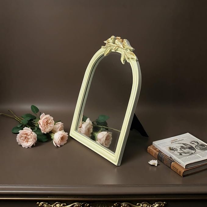 Cream Bird Bow Mirror - 13x10 Inch Perfect Elegant Decorative Accent, Wall-Mounted Tabletop Makeup Mirror for Nursery Baby Room Bedroom Decor