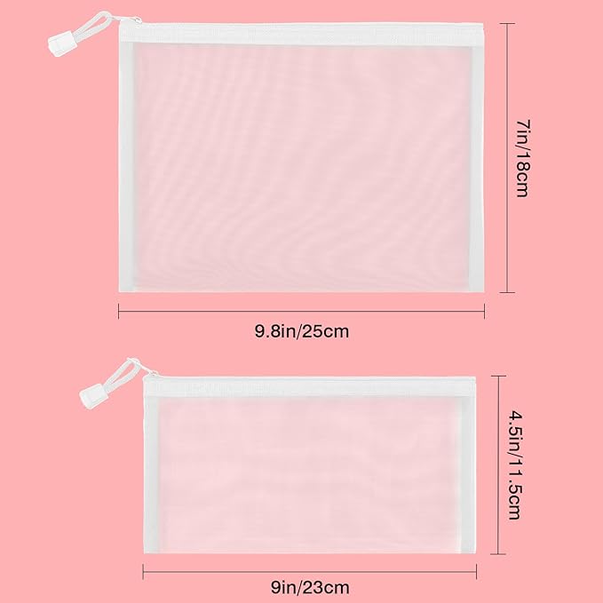 12 Pieces Zipper Nylon Mesh Pouch, Mesh Cosmetic Bags Makeup Bags Pencil Case, Multipurpose Travel Bags for Cosmetic School Office Supplies and Travel Accessories (White, A5+B6)