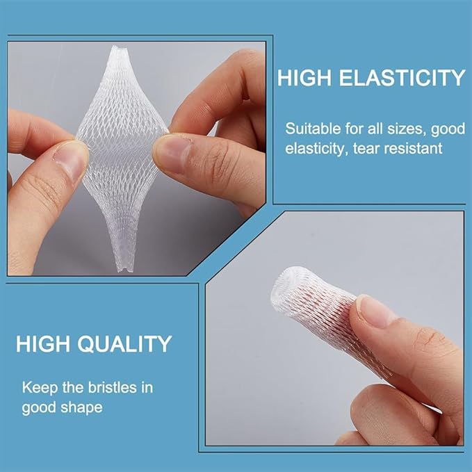 GORGECRAFT 200Pcs Makeup Brush Pen Guard Protector Reusable Net Thread Spool Savers Expandable Mesh Cover Plastic Sewin Thread Netting Machine Embroidery Net for Sewing Eyeshadow Brush, White