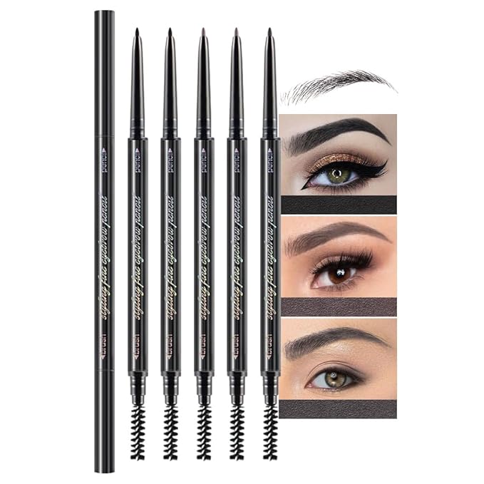5 Pcs Dual-Sided Auto-rotate Ultra-Fine Tip Eye Brow Pencils Pack,Draws Tiny Precise Brow Makeup, Defines, Fills Brows, Shapes, Contours, Combs, 1mm Pen Point (2*Black+2*Tea+Gray)