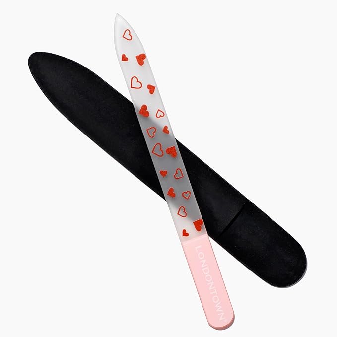 LONDONTOWN Hearts Double-Sided Glass Nail File & Care Tool, Professional Grit Etched Crystal Manicure Accessory with Case Pouch