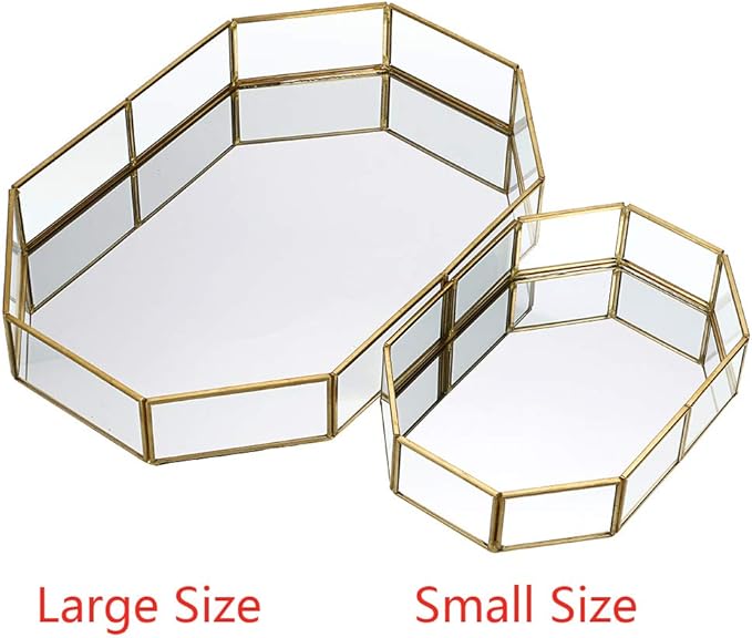 Hipiwe Mirror Glass Vanity Tray - Gold Ornate Makeup Tray Vintage Octagonal Perfume Tray Dresser Trays Jewelry Trinket Organizer for Bathroom Storage Trays for Home Decor
