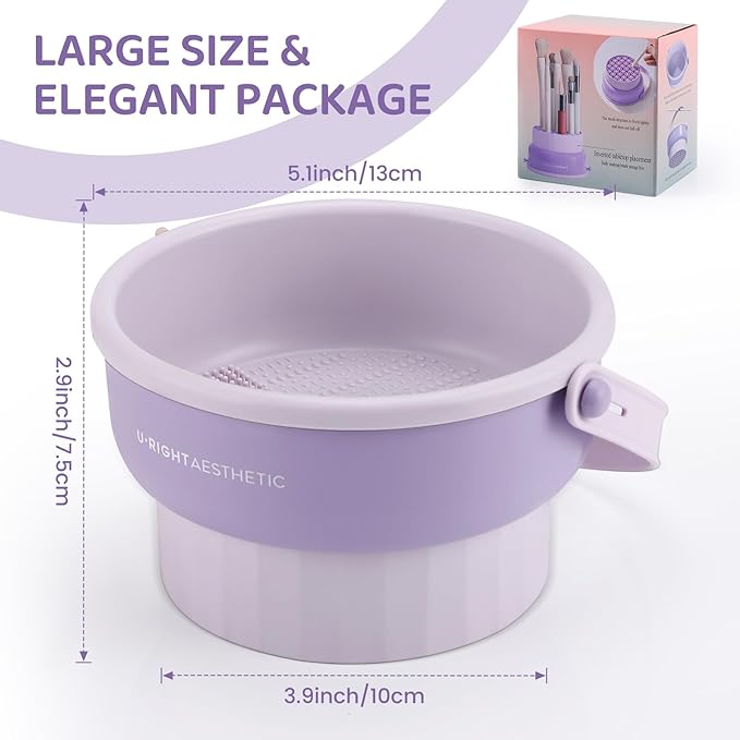 2 Pack Makeup Brush Cleaner Mat 3 in 1 Silicone Makeup Brush Cleaner Makeup Brush Cleaning Bowl Makeup Brush Sponge Scrubber Tool for Cleaning, Storage And Upside Down Drying(Two Purple)