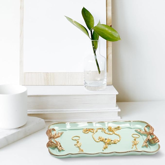 Vintage Decorative Tray Jewelry Tray Towel Tray Storage Tray Rings Necklace Bracelets Earrings Trays Cosmetics Jewelry Organizer Retro Design Bow Decor Resin Plate Coquette Room Decor (Green)