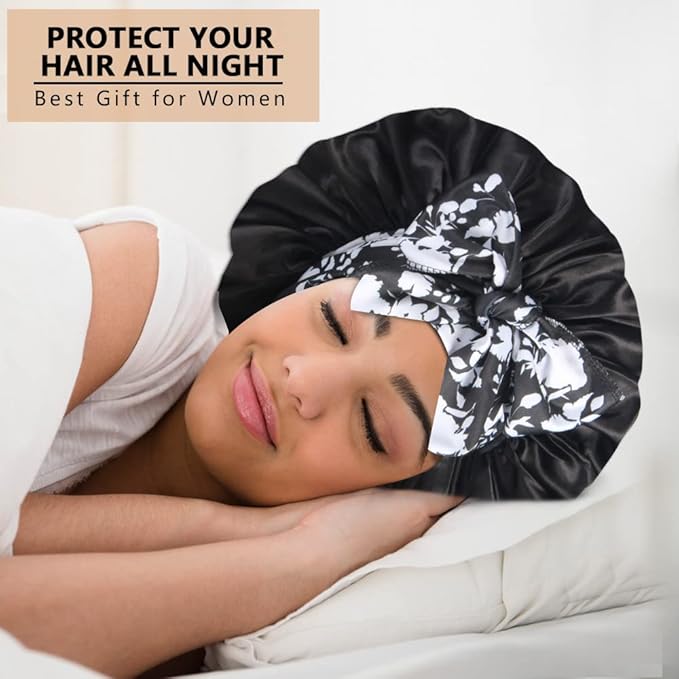 2pcs Large Silky Bonnets with tie Band Braid Bonnet, Satin Bonnet for Sleeping Curly Hair, C