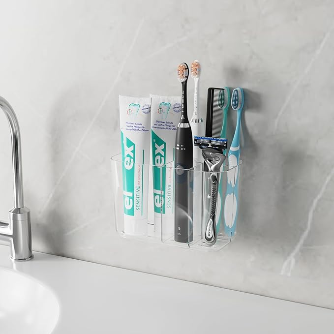 Toothbrush Holder for Bathroom Countertop and Wall with Adhesive, 5 Slots Family Size Electric Tooth Brush and Paste Holder, Kids Tooth Rush Holders and Toothpaste Organizer (Clear)