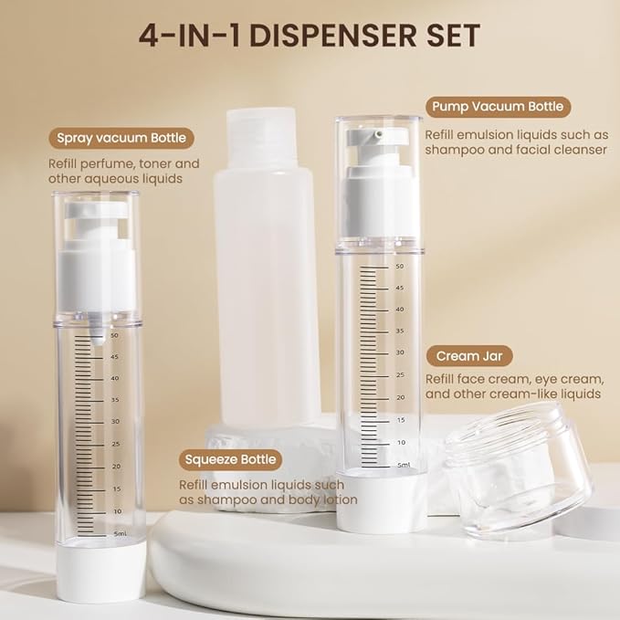 7 Pcs Travel Bottles Kits, TSA Approved Leak Proof Toiletry Container Set, Graduated Vaccumn atomizer and Lotion Bottle, Squeeze Bottle, Transparent Cream Jar, for Shampoo Lotion Cream Cosmetic