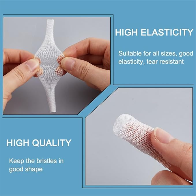 GORGECRAFT 200Pcs Makeup Brush Pen Guard Protector Reusable Net Thread Spool Savers Expandable Mesh Cover Plastic Sewin Thread Netting Machine Embroidery Net for Eyeshadow Brush Sewing, White