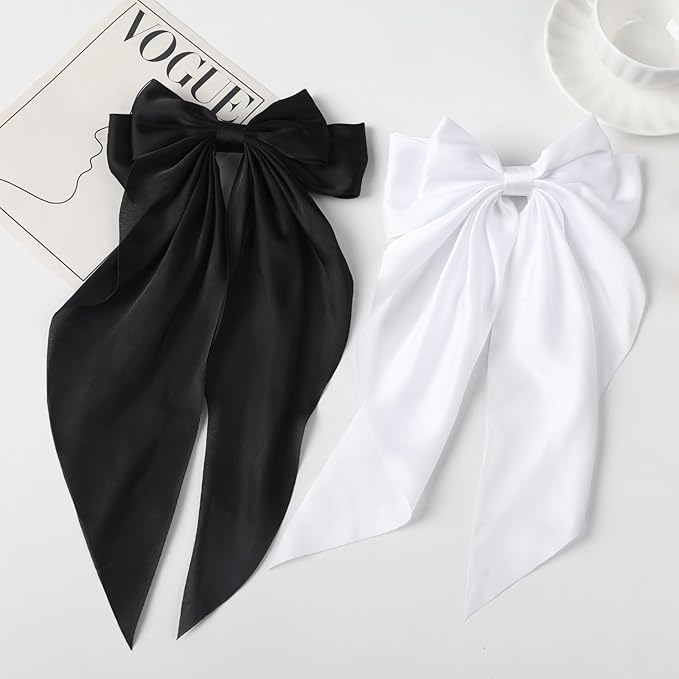 2PCS Big Hair Bow Clips for Women Girls – Black & White Ribbon Bow Barrettes with Long Tails, Large Satin Hair Accessories for Ponytail, Party, Wedding, Daily Styling