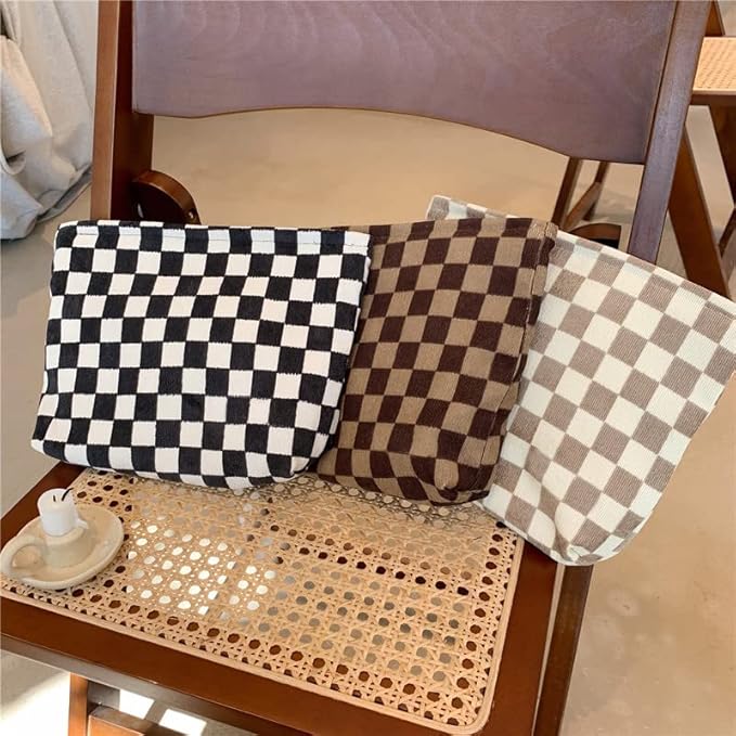 PAZIMIIK Makeup Bag Large Zipper Corduroy Make Up Pouch for Purse Travel Canvas Cosmetic Organizer for Women Brush Storage,Checkered Light Brown