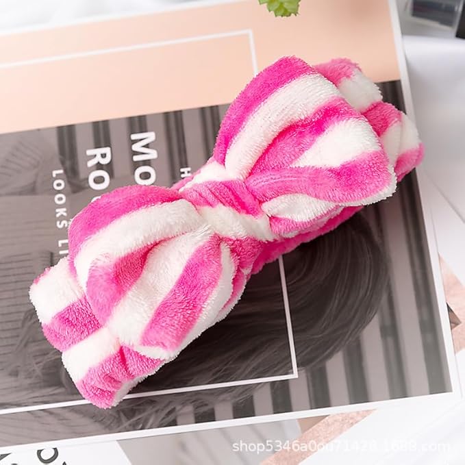 12pcs Spa Headband Soft Bowknot Spa Hair Band Coral Fleece Headband Makeup Headbands for Face Washing Skin Care Shower Yoga Headwraps for Women Girls (Dot Stripe Pattern)