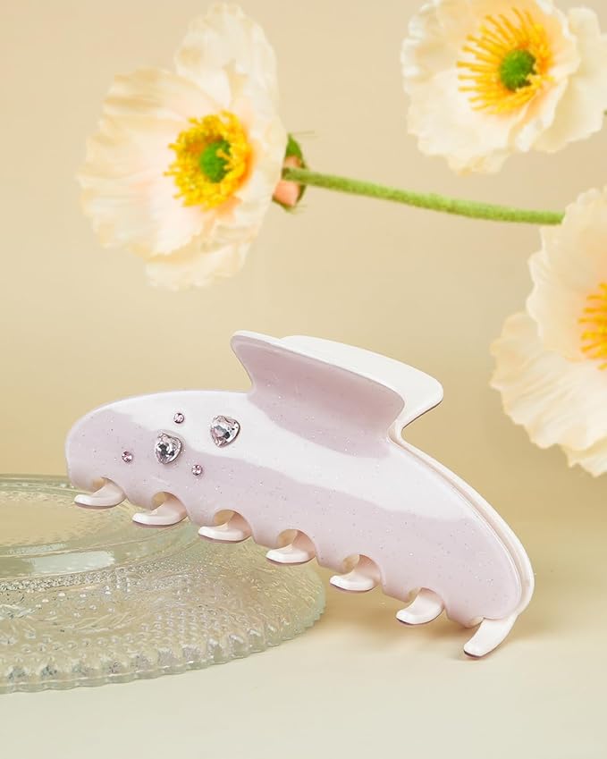 MAORULU Cute Claw Clip for Women – 4'' Large Acetate Hair Clips for Thick Thin Curly Long Hair, Rhinestone Jaw Clip Non-slip Hair Clamps, Strong Hold, Stylish French Design (Pink Rhinestone Clips)