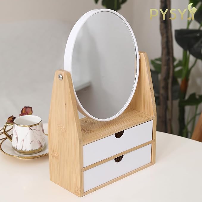 1x / 5X Magnifying Makeup Mirror, Jewelry and Cosmetics Storage Box with Double Drawers, Adjustable Natural Bamboo Stand, 360° rotatable Vertical Desktop Mirror (1, Oval)