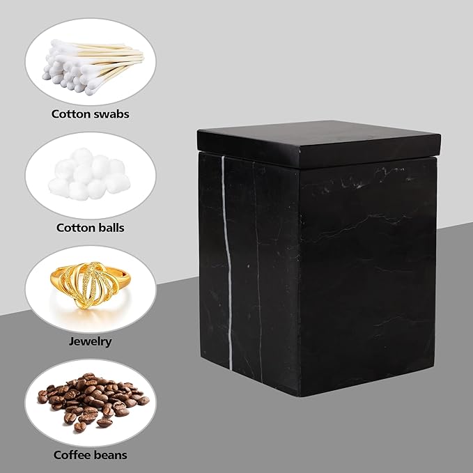 WORHE Marble Canister Natural Stone Qtip Holder with Lid Square Bathroom Vanity Organizer for Makeup Sponge Coffee Bean Dispenser Storage Jar Case for Home Decor Black (DLB202)