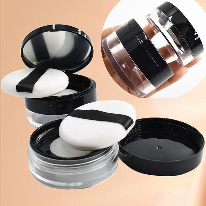 1 Pcs 20g(0.7 oz) And 1 Pcs 10g(0.33 oz) No Leaks Empty Reusable Plastic Loose Powder Container,Sponge Powder Puff,Elasticated Net Sifter,DIY Foundation Makeup Tool (2 Cases)