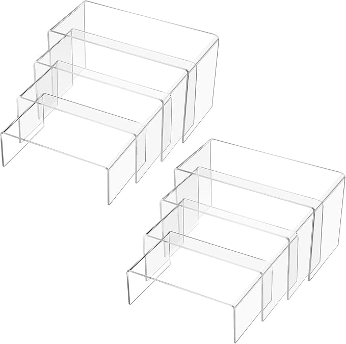 Chuangdi 20 Pcs Acrylic Display Risers, Clear Product Stand, Jewelry Display Riser Shelf Showcase Fixtures for Figure Dessert Cupcake Candy Action Showcase(Extra Large Set)