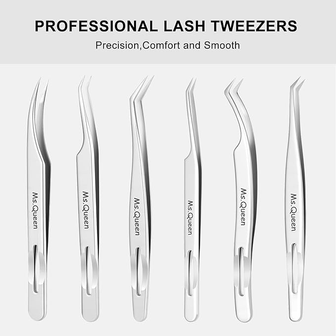 Ms.Queen Lash Tweezers for Lash Extensions,Professional 45 Degree Long Ultra-Firm tip Eyelash Tweezers for Isolation,Volume and Premade Fans Lashing