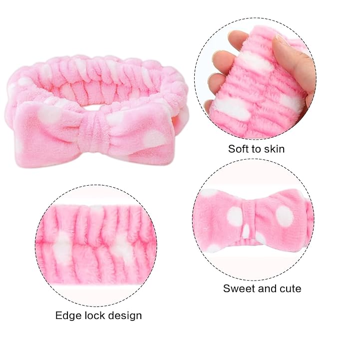 25 Pcs Pink Spa Headband Bulk Set - Soft Coral Fleece Makeup Headbands for Women, Elastic Bow Hair Bands for Washing Face, Skincare & Shower, Adjustable Hair Wraps (Pink with White Dots)