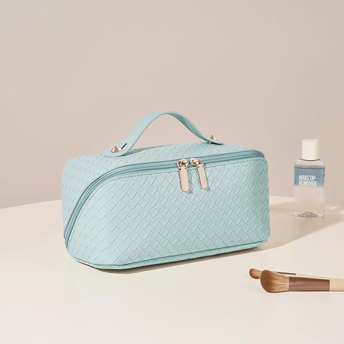 Large Capacity Travel Cosmetic Bag - Portable Makeup Bags for Women Waterproof PU Leather Checkered Makeup Organizer Bag with Dividers and Handle,Toiletry Bag for Cosmetics