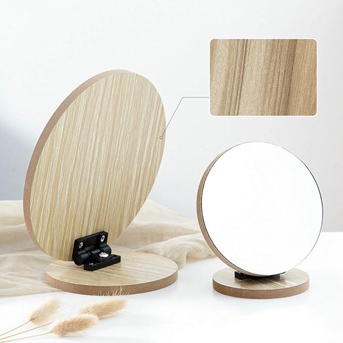 Aestivate Round Compact Table Mirror - Standing Wood Framed, 90 Degree Rotating for Makeup & Cosmetic