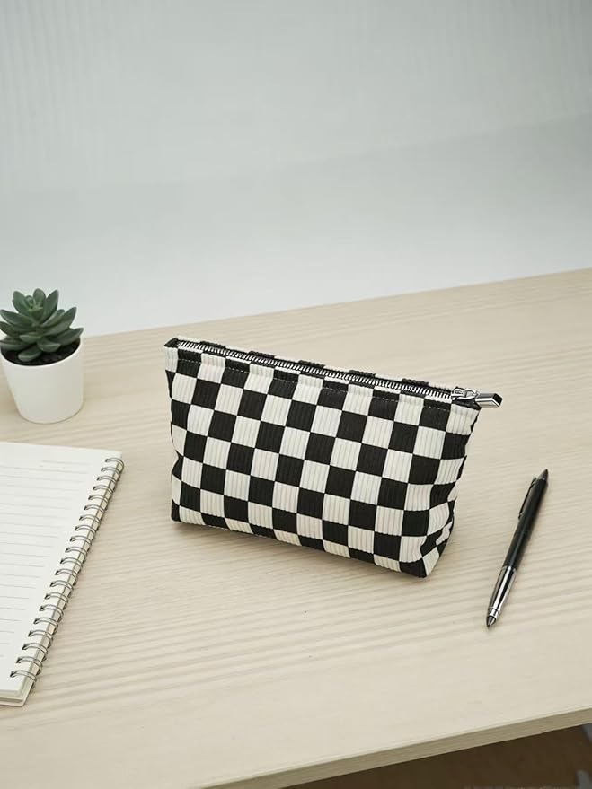 Black and White Checkered Makeup Bag Set of 2, Corduroy Cosmetic Pouch for Women, Travel Toiletry Bag with Zipper