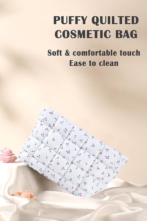 Puffy Quilted Makeup Bag, Cosmetic Bag, Travel Toiletry Organizer Pouch, Clutch for Women (Cherry)