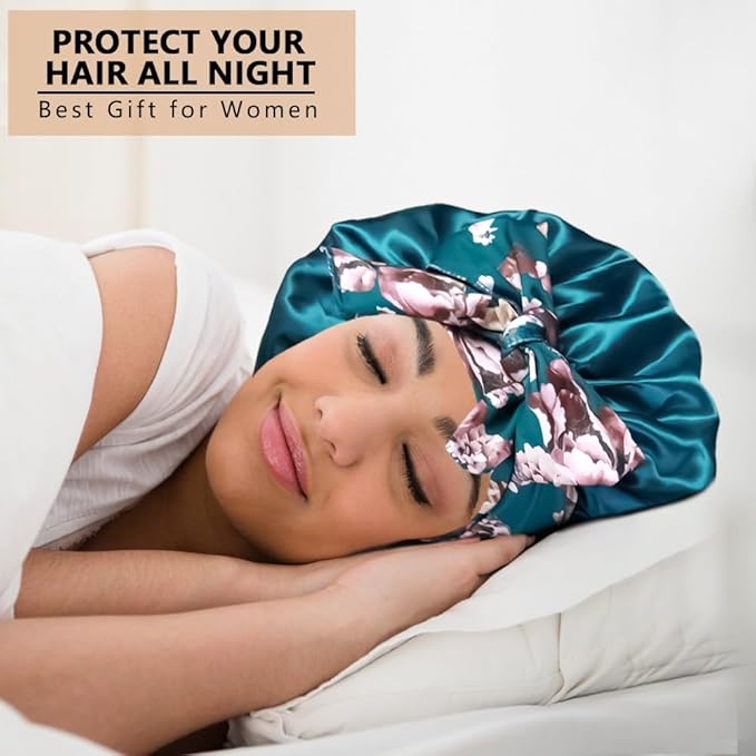 2pcs Large Silky Bonnets with tie Band Braid Bonnet, Satin Bonnet for Sleeping Curly Hair, H