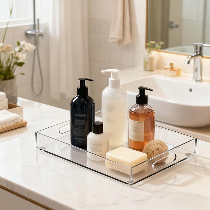 1-Piece Clear Acrylic Tray 12 * 16 Inches Suitable for Coffee Table Makeup Table Kitchen Countertop Acrylic Storage Tray Perfect for Gatherings Events Family Use with Handle,Easy to Carry